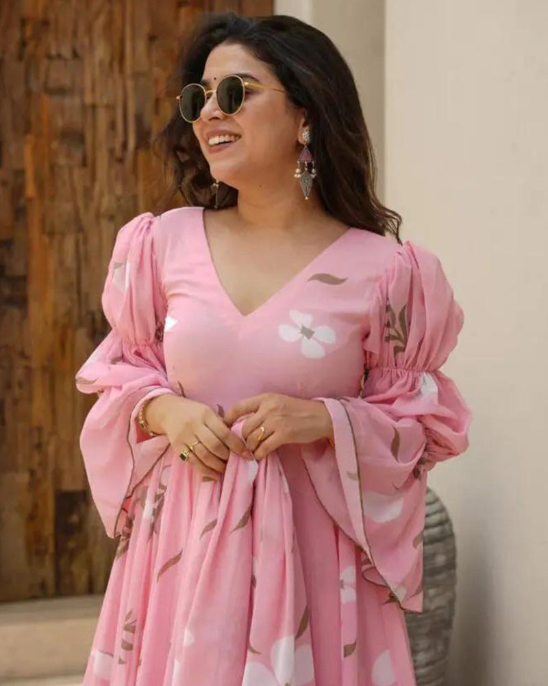 Baby Pink Color Digital Printed Georgette Anarkali Suit