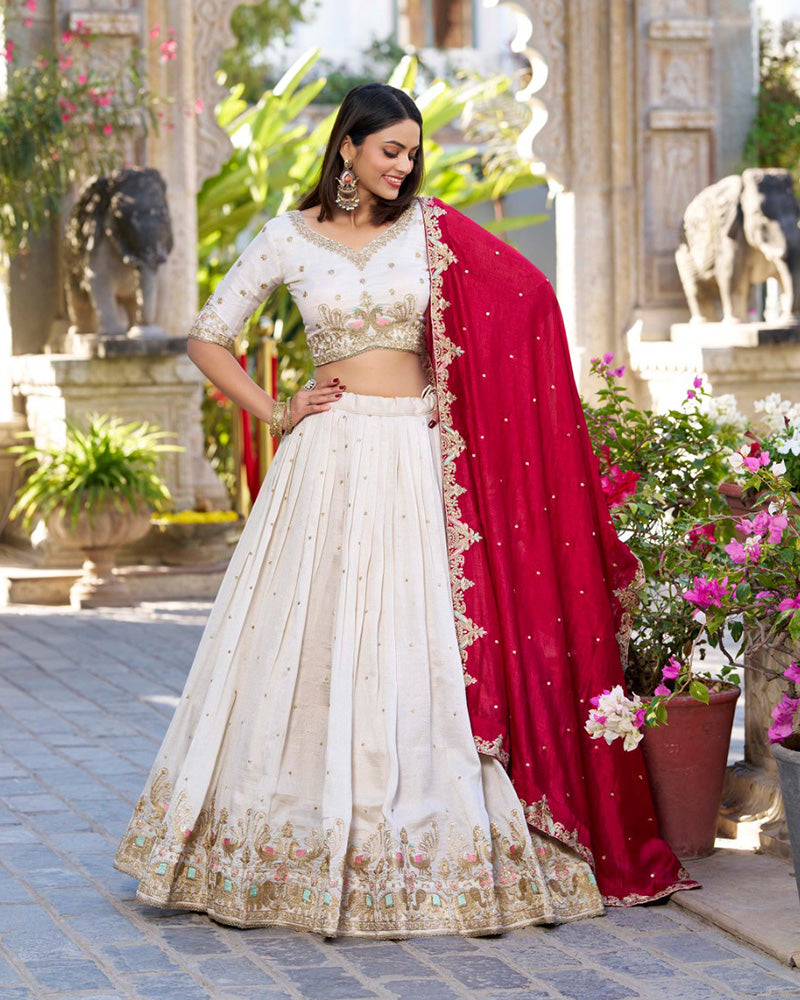 Designer Off White Color Vichitra Silk Embroidered Lehenga Choli