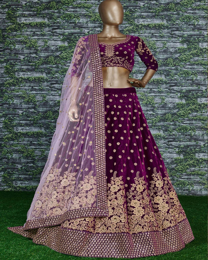 Purple Pure Velvet Designer Lehenga Choli