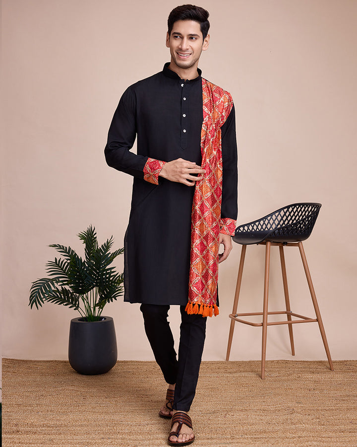 Black Color silk Men's Kurta With Dupatta