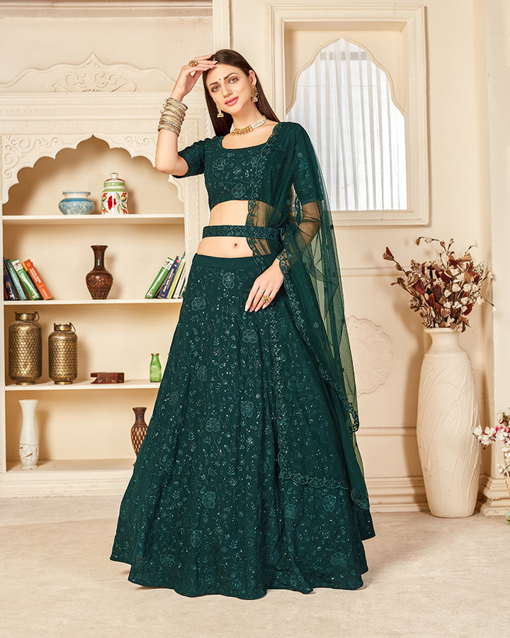 Designer Georgette Embroidery Green Color Lehenga Choli