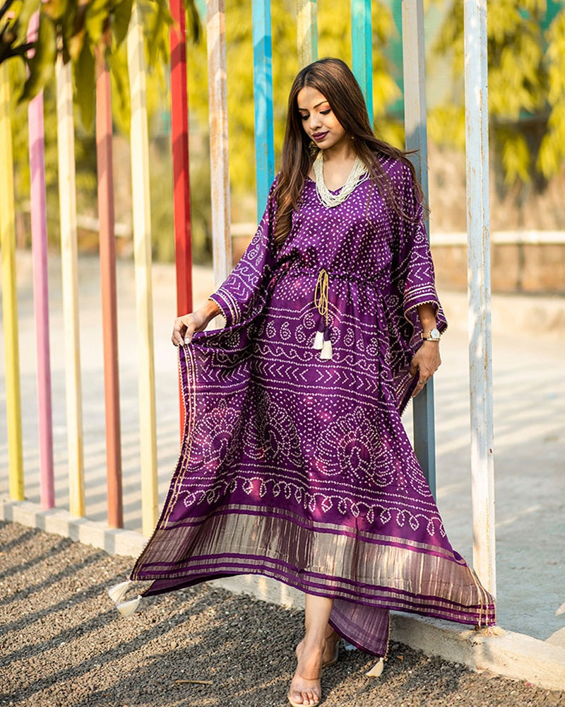 wine Color Unique And Amazing pure Gaji silk Kaftan