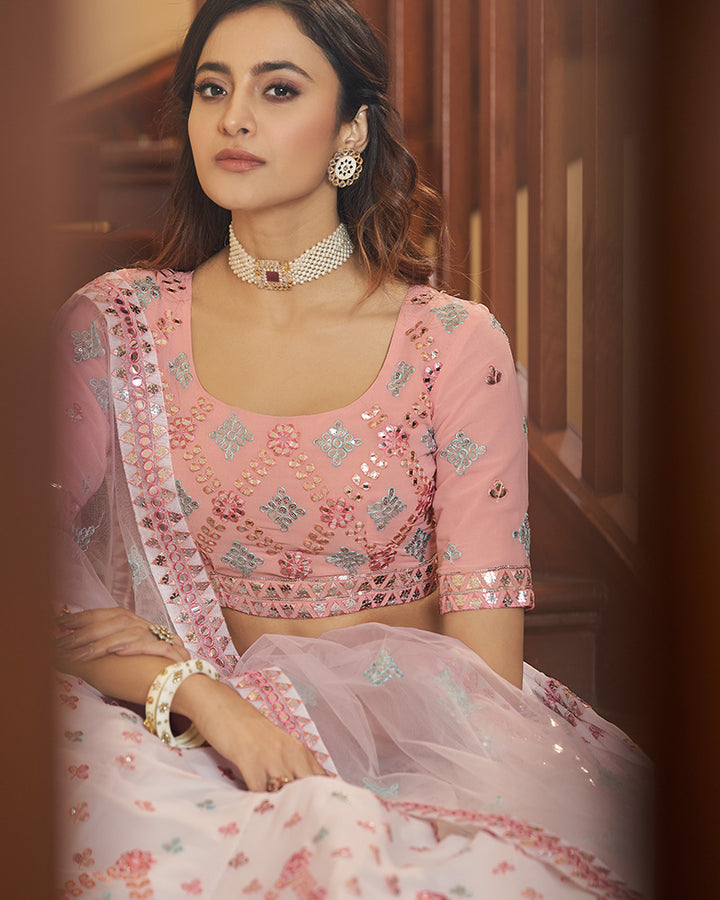 Pearl White Pink Designer Sequence Georgette Lehenga Choli