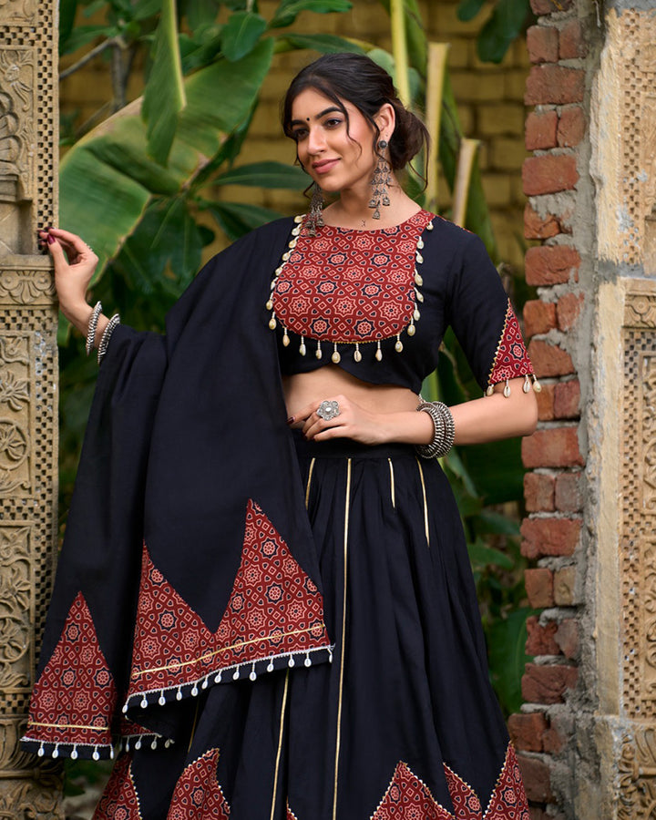 Designer Black Color Cotton Printed Navratri Lehenga Choli