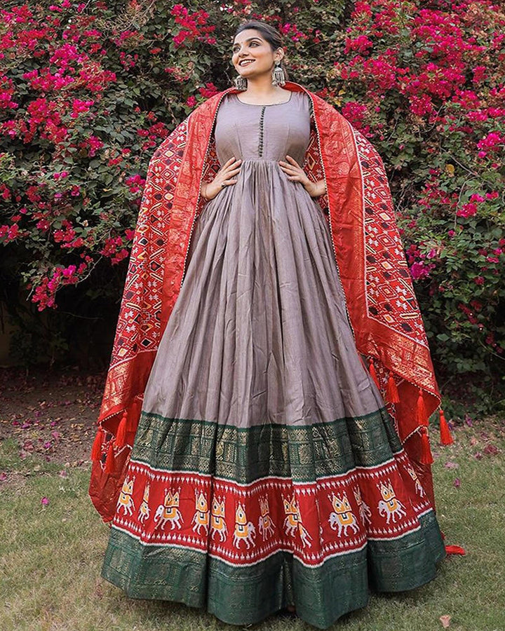 Grey Designer Patola With Foil Print Dola Silk Gown