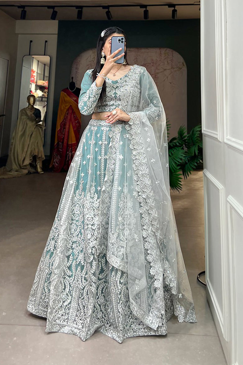 Exclusive Designer Sky Blue Soft Net Lehenga Choli