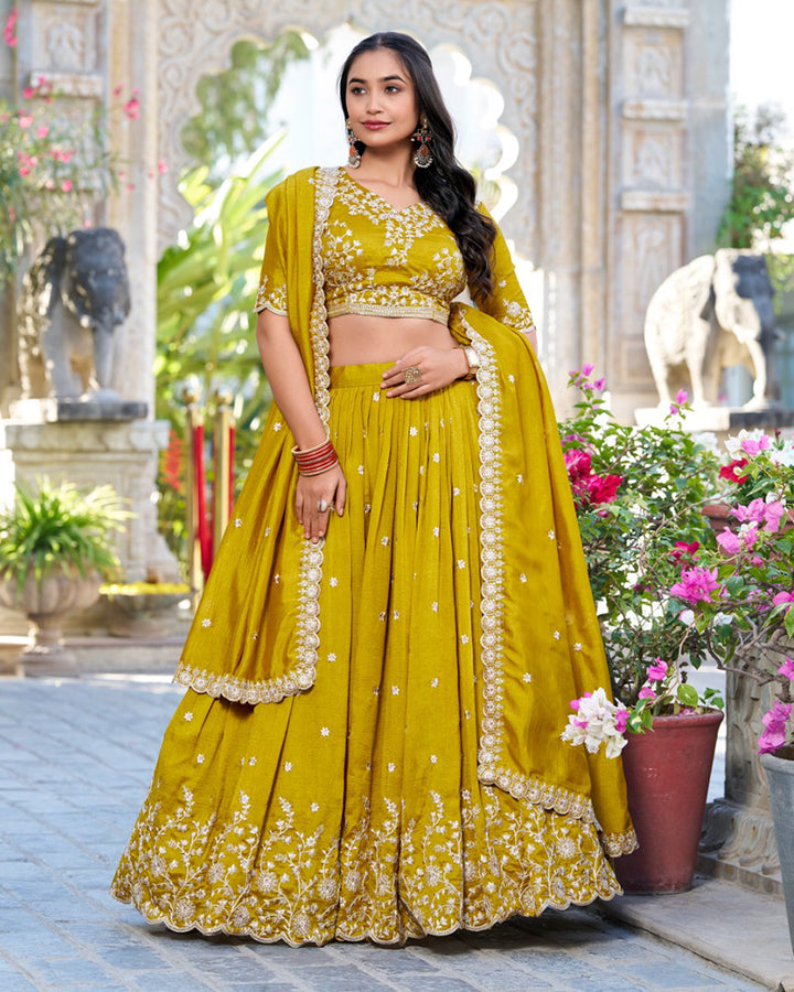 Designer Mustard Color Vichitra Silk Embroidered Lehenga Choli