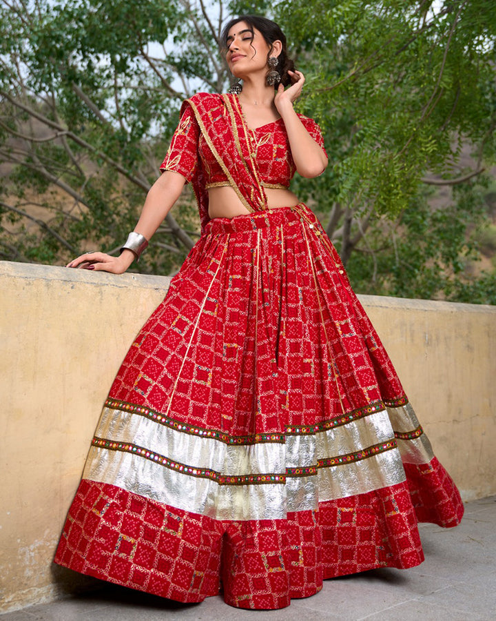 Red Color Rayon Full Stitched Navratri Lehenga Choli