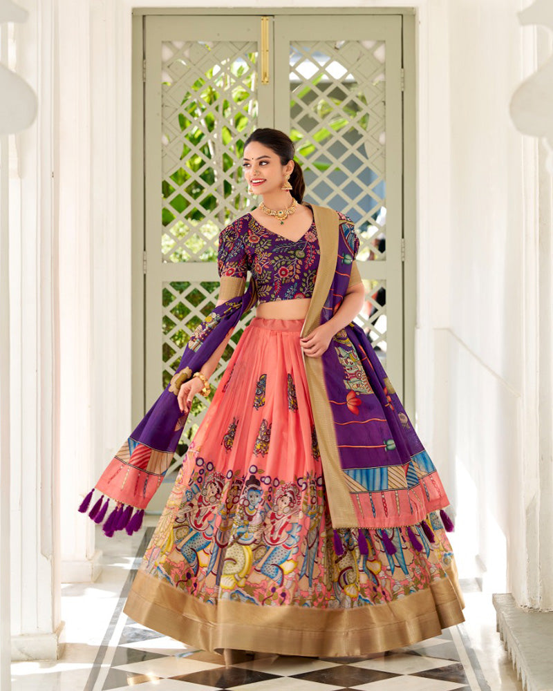 Exclusive Designer Peach Color Kalamkari Printed Dola Silk Lehenga Choli