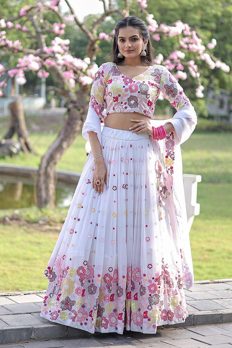 Wedding Wear White Color Georgette Embroidery  Lehenga Choli