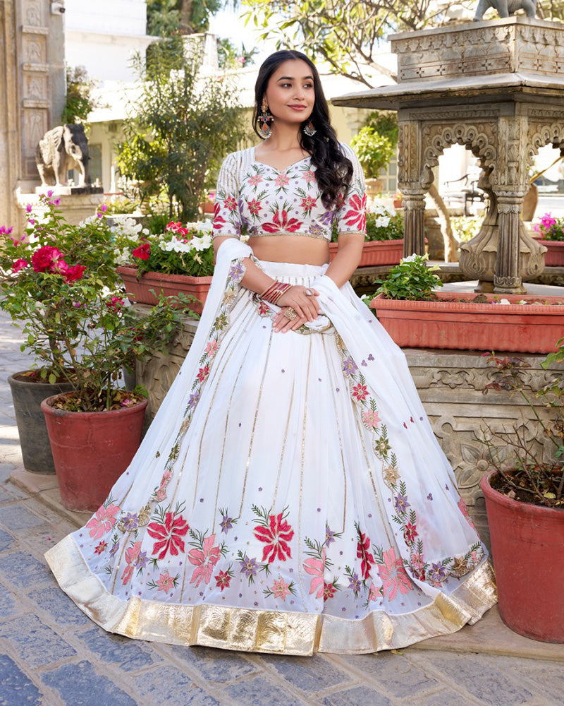 Designer White Color Georgette Embroidered Lehenga Choli