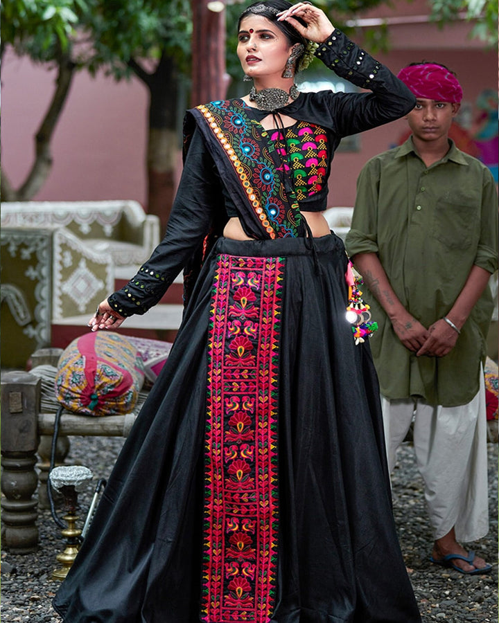 Black Soft Cotton Real Mirror Navratri Lehenga Choli