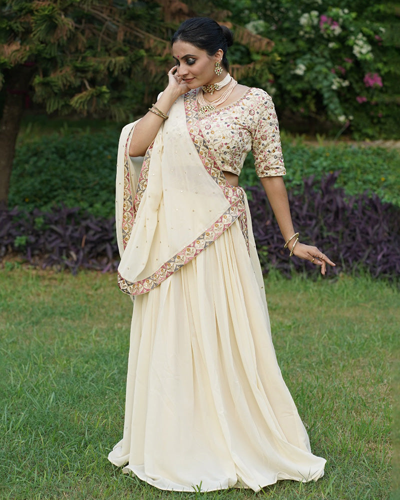 Designer Off White Color Georgette Embroidered Lehenga Choli