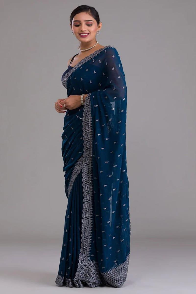 Blue Color Zari Sequence Chinon Chiffon  Saree