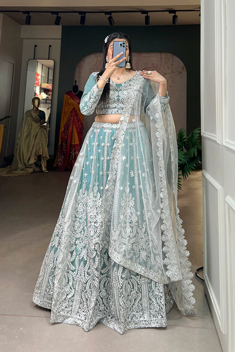 Exclusive Designer Sky Blue Soft Net Lehenga Choli