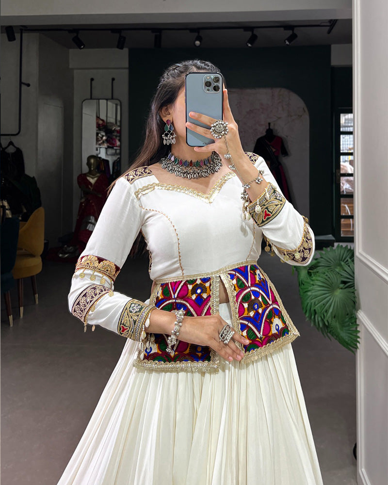 White Color Pure Rayon Gamthi Work Navratri Lehenga Choli