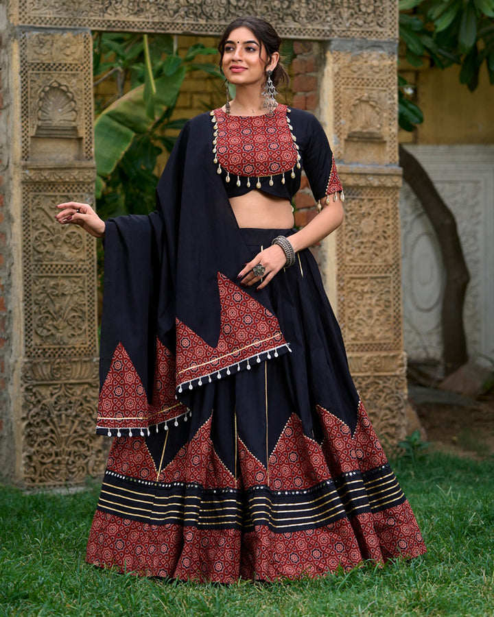 Designer Black Color Cotton Printed Navratri Lehenga Choli