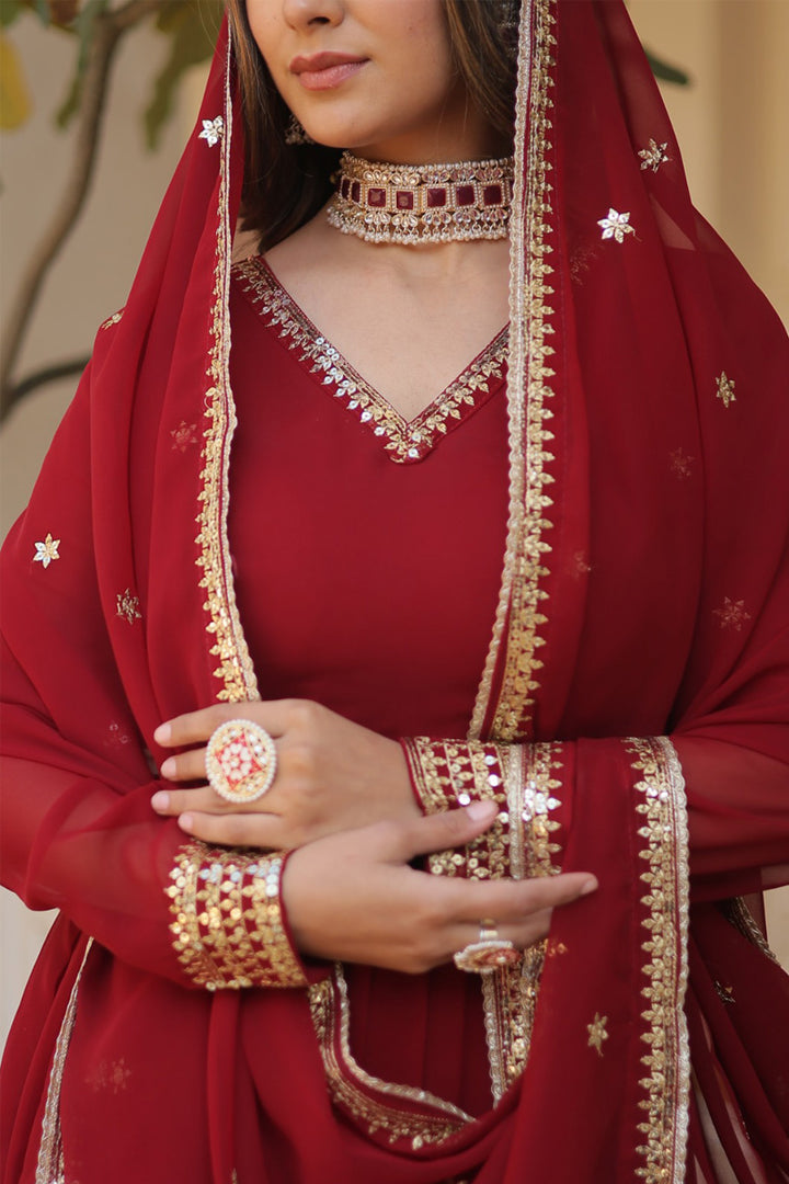 Maroon Faux Blooming Gown With Dupatta With Attractive Embroidery Sequence Work