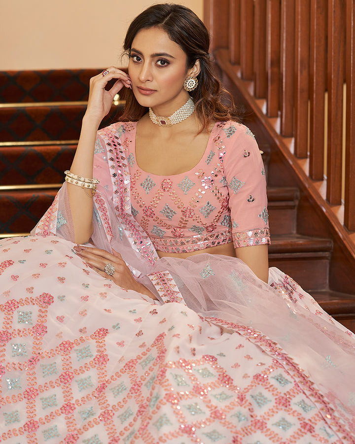 Pearl White Pink Designer Sequence Georgette Lehenga Choli