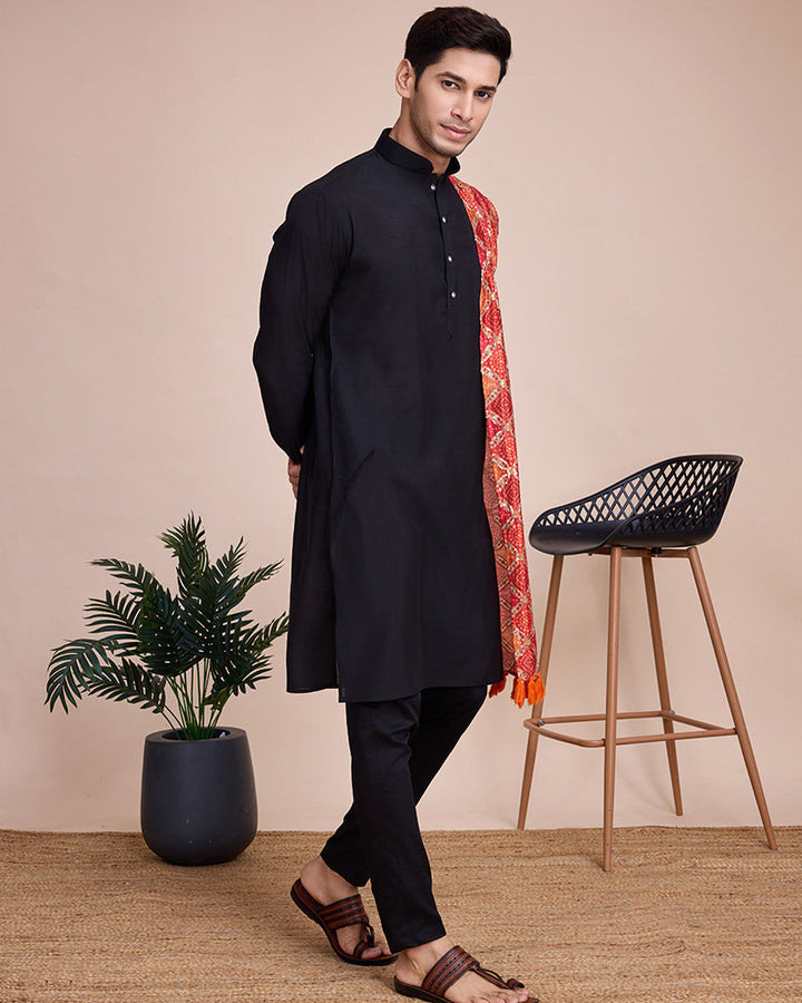 Black Color silk Men's Kurta With Dupatta