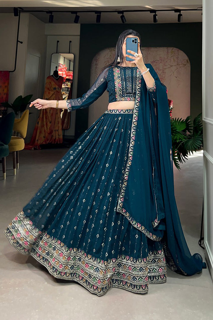 Wedding Wear Designer Navy Blue Color Embroidery Lehenga Choli