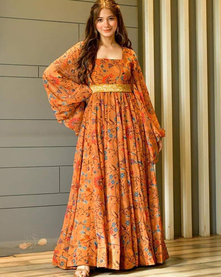 Orange Printed Balloon Sleeve Gown with Belt