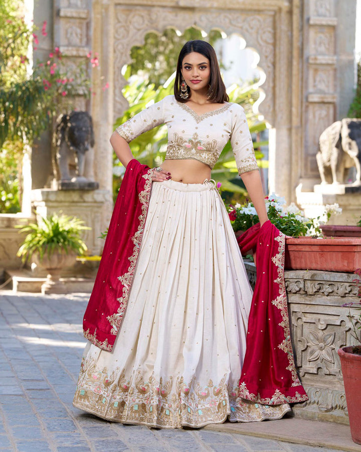 Designer Off White Color Vichitra Silk Embroidered Lehenga Choli