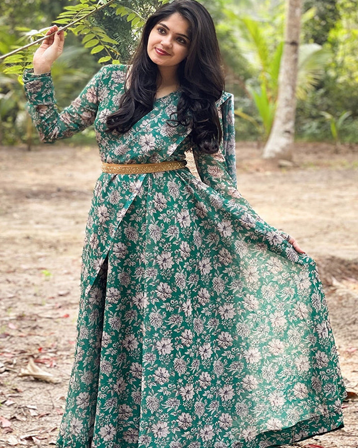 Green Georgette Printed Gown With Fancy Belt