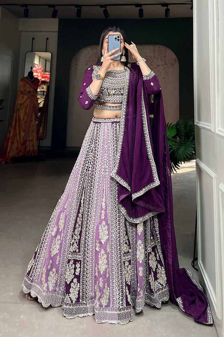 Wedding Wear Wine Color Georgette Embroidery Semi Stitched Lehenga Choli