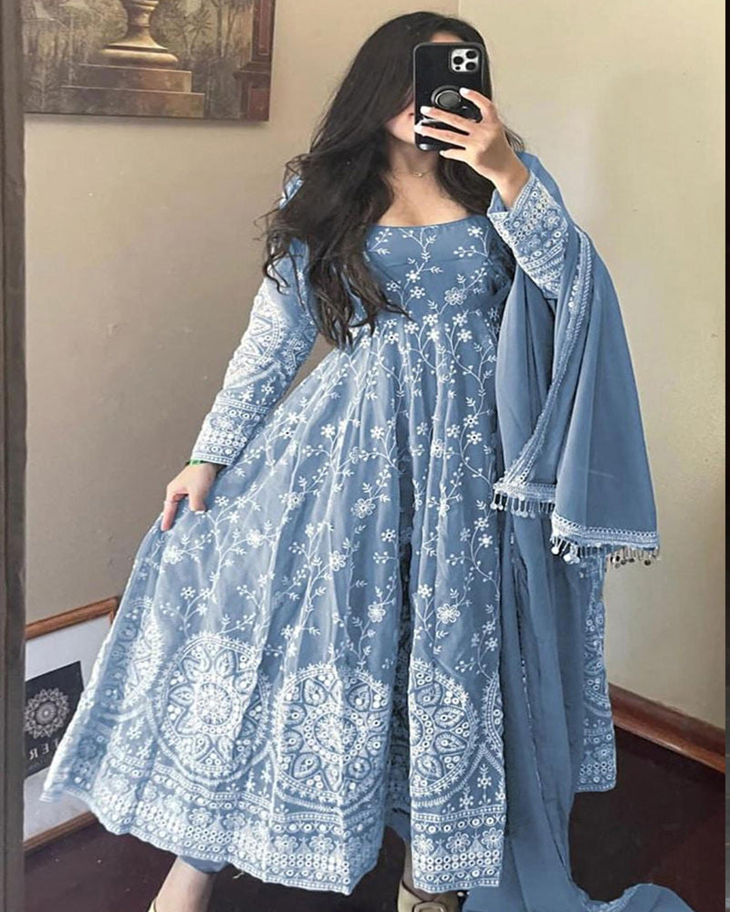 Sky Blue Designer Embroidery Georgette Anarkali Gown