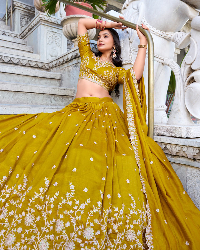 Designer Mustard Color Vichitra Silk Embroidered Lehenga Choli