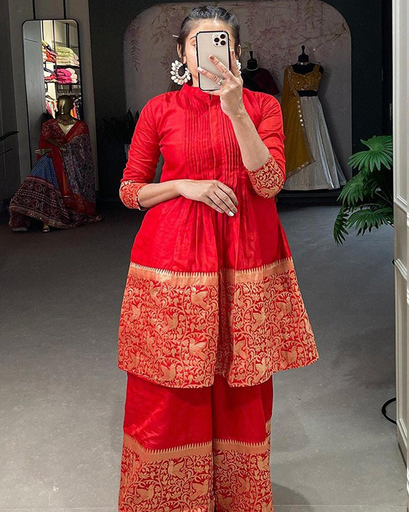 Red Latest Zari Weaving Silk Kurta Plazzo