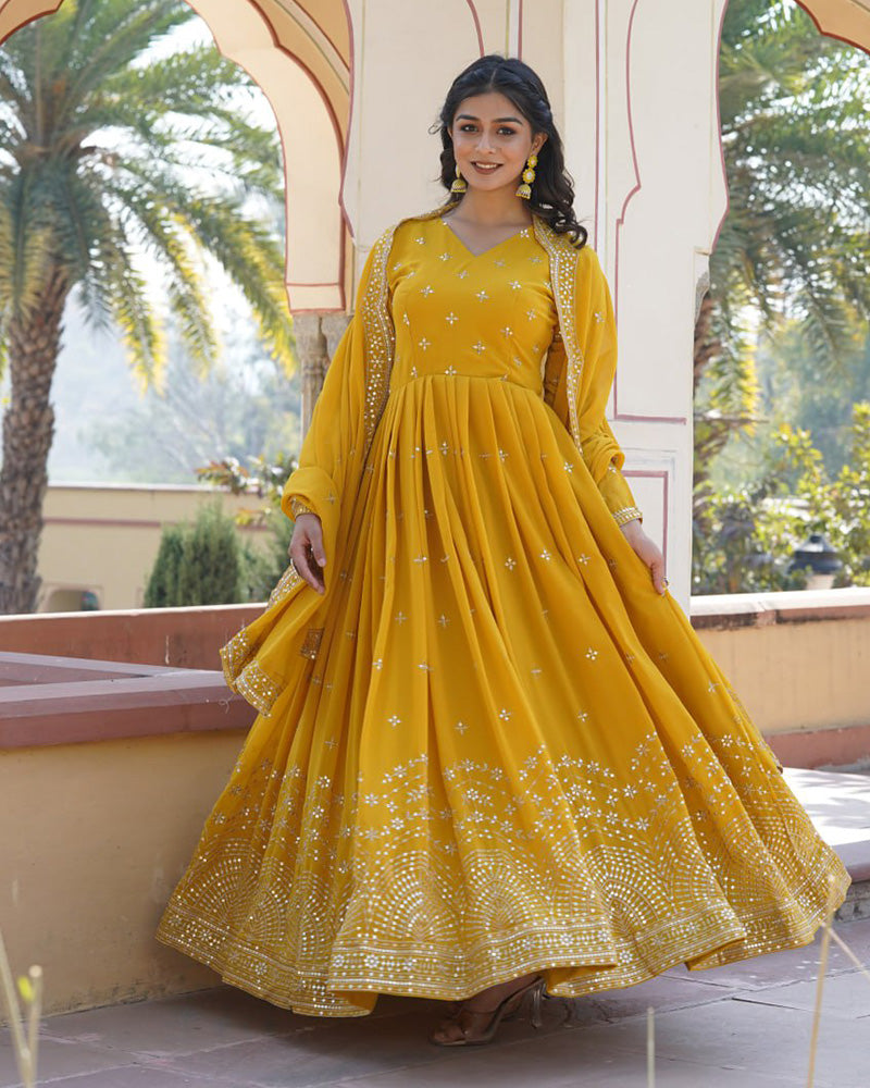 Beautiful Yellow Color Georgette Gown With Sequence Embroidery Dupatta