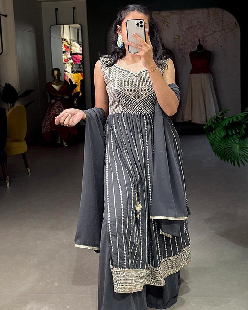 Grey Sequence Embroidery Georgette Palazzo Salwar Suits