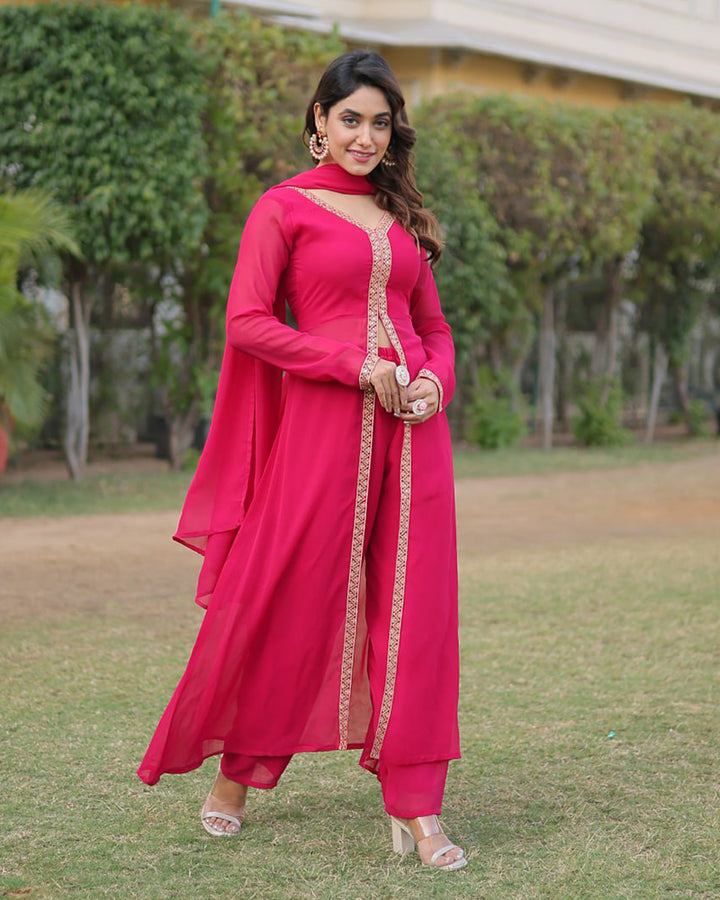 Western style Pink Color Georgette Kurti Pant With Dupatta