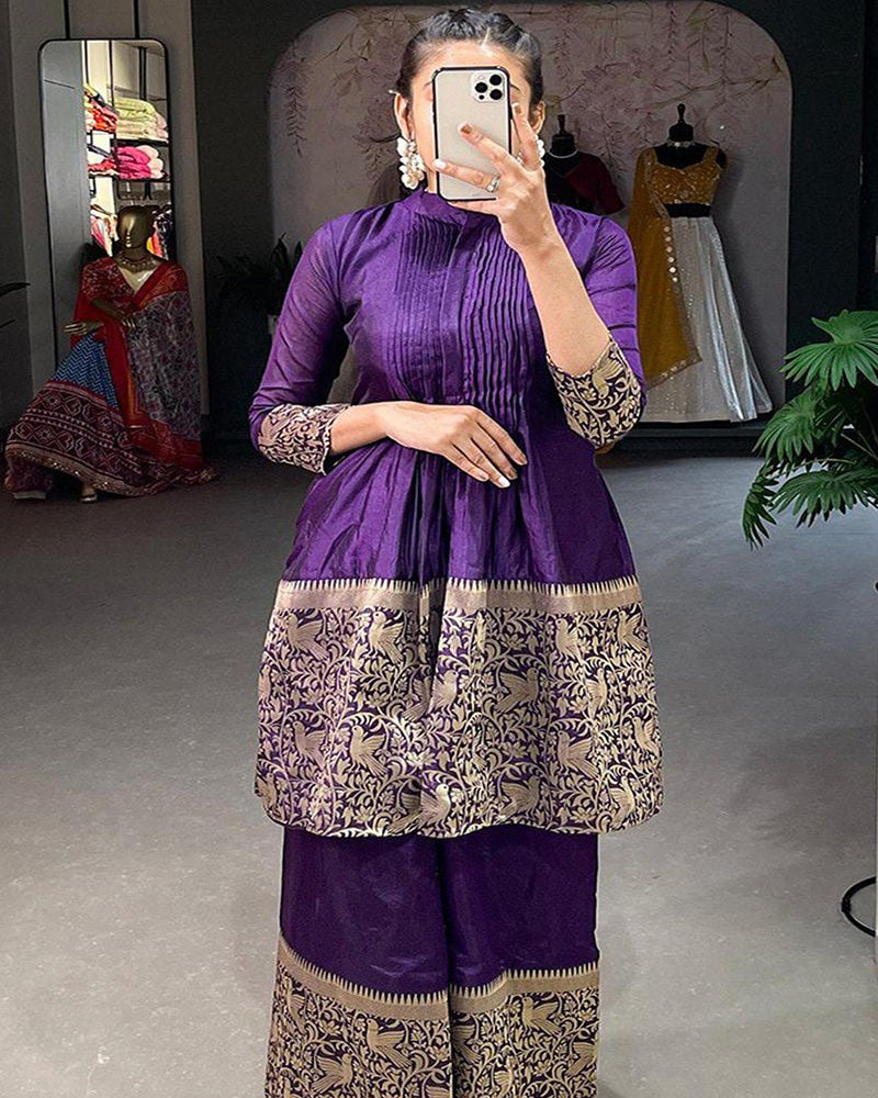 Purple Latest Zari Weaving Silk Kurta Plazzo