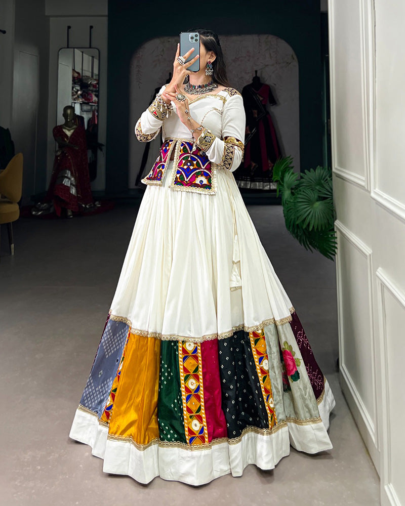 White Color Pure Rayon Gamthi Work Navratri Lehenga Choli