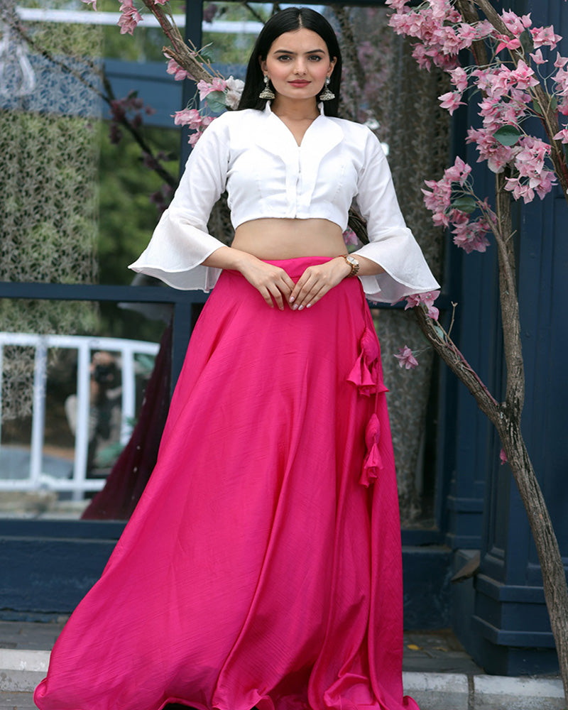 Pink Color Fully Stitched Chinnon Crop Top Lehenga With Phantom Silk Designer Blouse