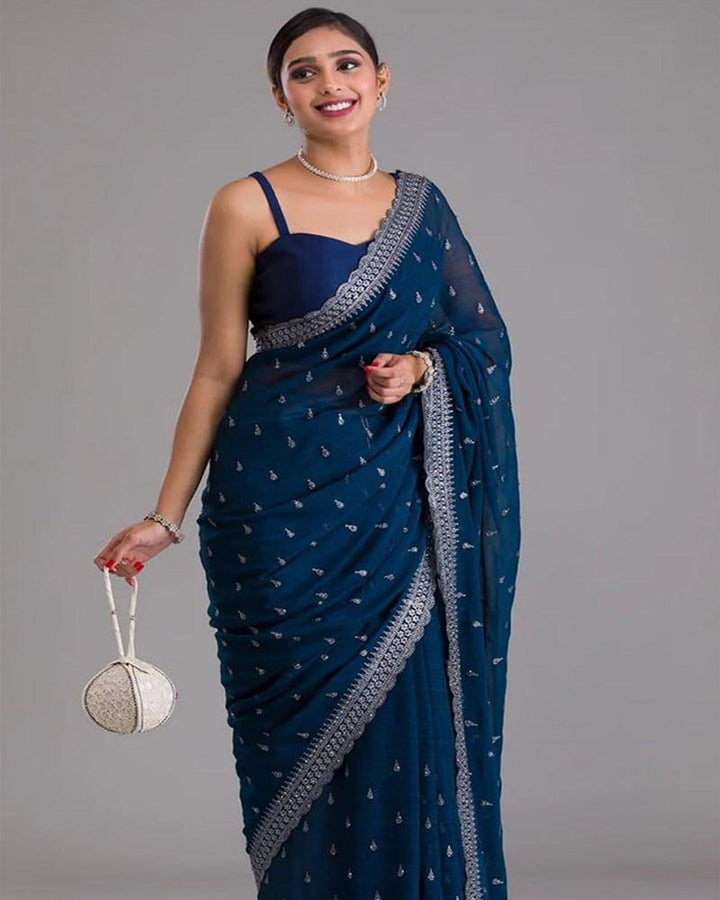 Blue Color Zari Sequence Chinon Chiffon  Saree