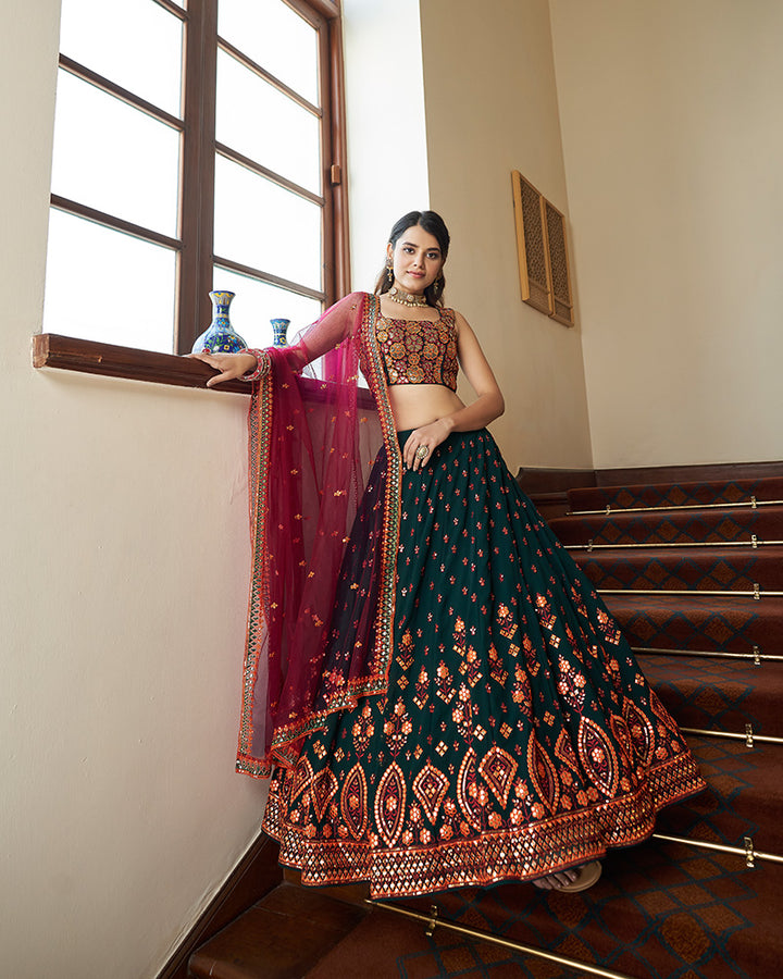 Green And Deep Pink Designer Sequence Georgette Lehenga Choli