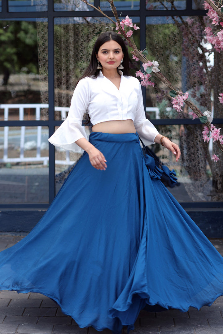 Blue Color Fully Stitched Chinnon Crop Top Lehenga With Phantom Silk Designer Blouse