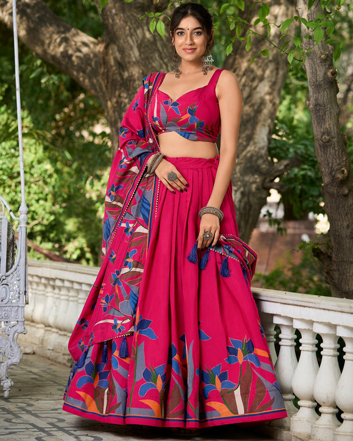 Rani Pink Chanderi Floral Printed lehenga Choli