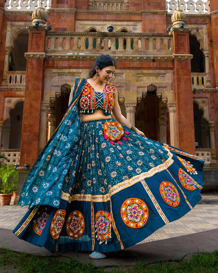 Teal Green Color Rayon Gamthi Work Navratri Lehenga Choli