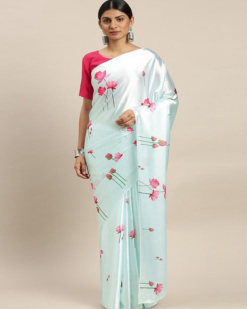 Sky Blue Floral Print Japan Satin Silk Saree