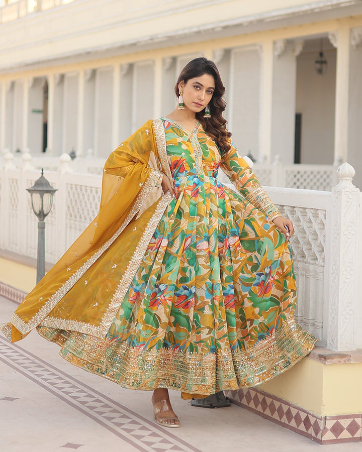 Beautiful Yellow Color Embroidery Anarkali Gown With Dupatta