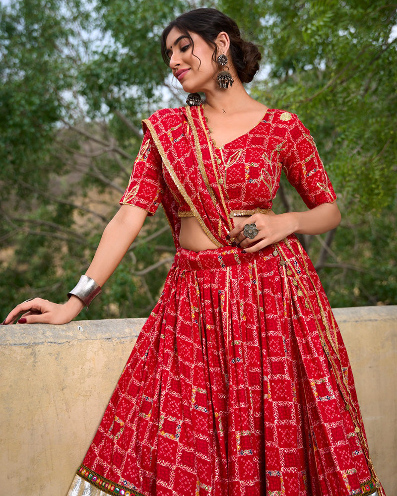 Red Color Rayon Full Stitched Navratri Lehenga Choli