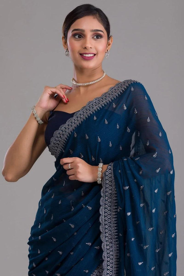 Blue Color Zari Sequence Chinon Chiffon  Saree