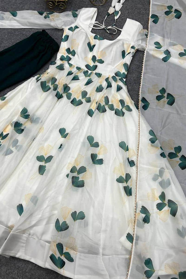 White Color Amazing Print Organza Tabby Silk Anarkali Suit With Pent & Dupatta