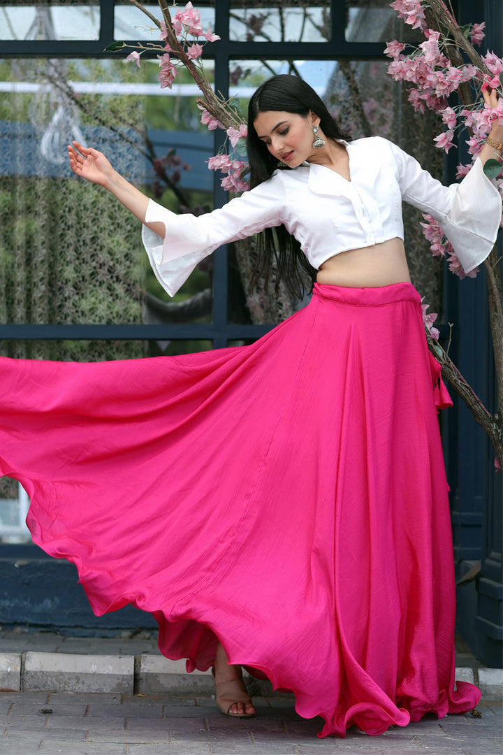 Pink Color Fully Stitched Chinnon Crop Top Lehenga With Phantom Silk Designer Blouse