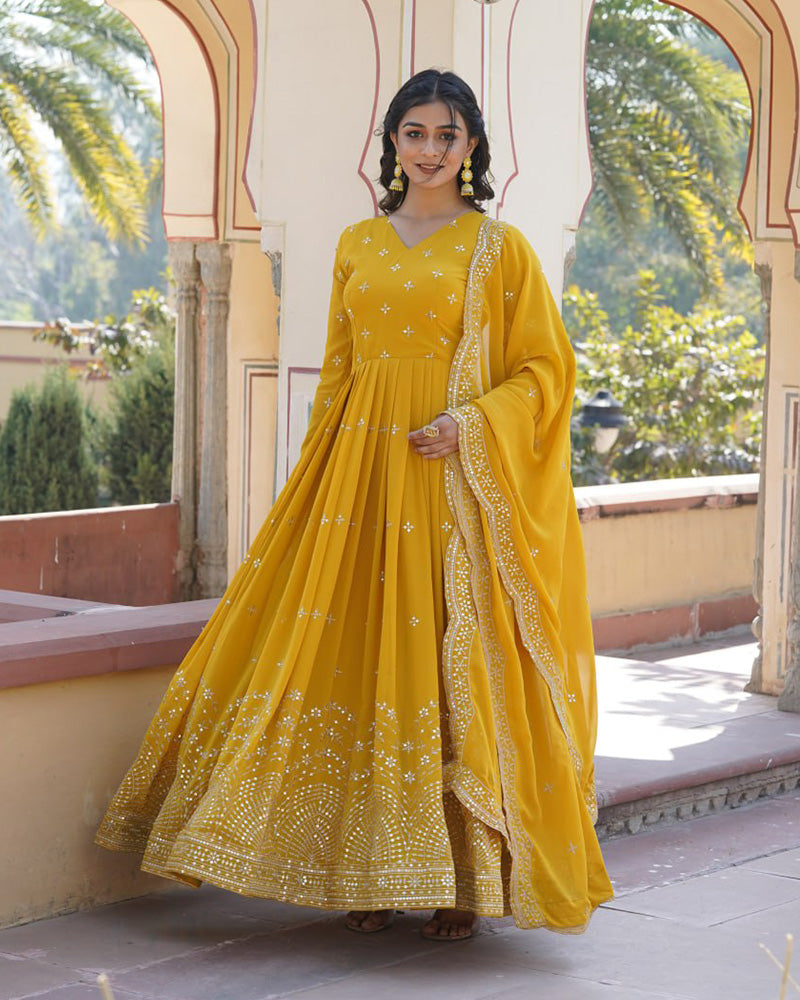 Beautiful Yellow Color Georgette Gown With Sequence Embroidery Dupatta